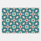 ネイビーブルーティール（緑がかった色）ホワイトレッド大理石モロッコモザイク ラッピングペーパーシート (正面3)