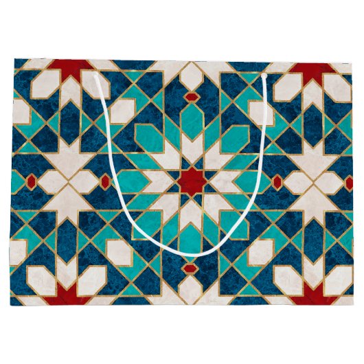 ネイビーブルーティール（緑がかった色）ホワイトレッド大理石モロッコモザイク ラージペーパーバッグ (裏面)