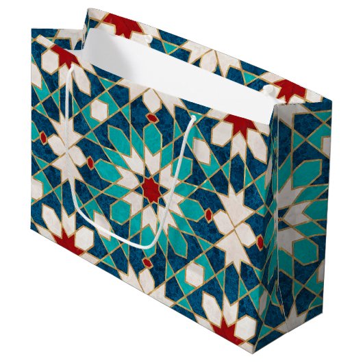 ネイビーブルーティール（緑がかった色）ホワイトレッド大理石モロッコモザイク ラージペーパーバッグ (正面アングル)