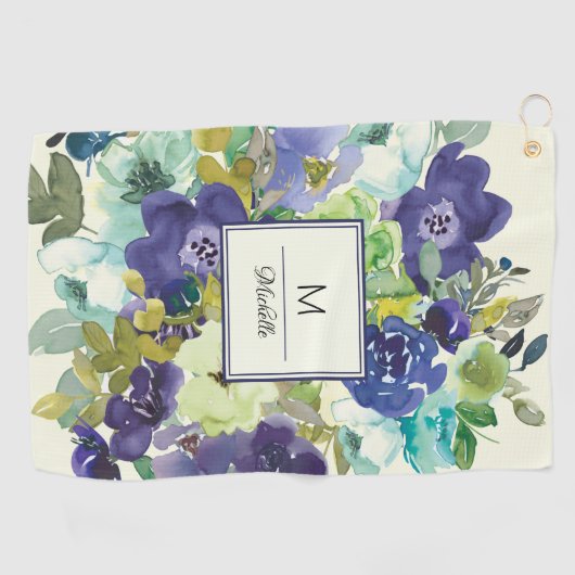 ネイビーブルーティール（緑がかった色）レモンイエローフローラモノグラム ゴルフタオル (横)