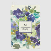 ネイビーブルーティール（緑がかった色）レモンイエローフローラモノグラム ゴルフタオル (正面)