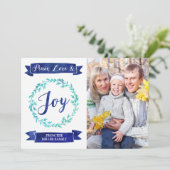 ネイビーブルーティール（緑がかった色）水彩リースクリスマスフォト シーズンカード (スタンド正面)