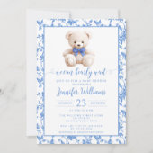 ネイビーブルーテディベアフローラ男の赤ちゃんシャワー 招待状 (正面)