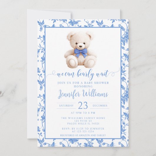 ネイビーブルーテディベアフローラ男の赤ちゃんシャワー 招待状 (正面)