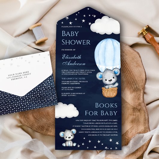 ネイビーブルーテディベア熱気球ベビーシャワー オールインワン招待状