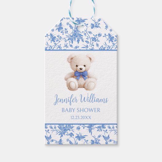 ネイビーブルーテディベア男の赤ちゃんシャワ感謝していーユー ギフトタグ (正面)