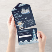 ネイビーブルーテディベア航海のボートベビーシャワー オールインワン招待状 (貼ってはがせる)