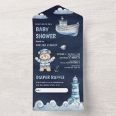 ネイビーブルーテディベア航海のボートベビーシャワー オールインワン招待状 (内側)