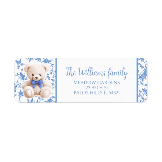 ネイビーブルーテディベア赤ちゃんシャワー差出人住所 ラベル (正面)