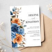 ネイビーブルーテラコッタウォーターカラーエレガントな結婚式 招待状