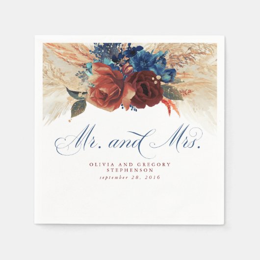 ネイビーブルーテラコッタフローラパンパスグラス結婚ズ スタンダードカクテルナプキン (正面)