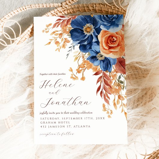 ネイビーブルーテラコッタラストエレガ素朴ントウェディング 招待状