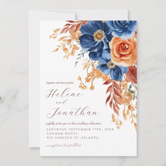 ネイビーブルーテラコッタラストエレガ素朴ントウェディング 招待状 (正面)