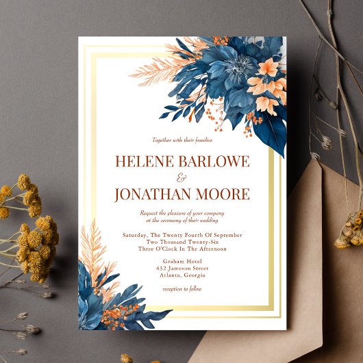 ネイビーブルーテラコッタ金ゴールドフローラエレガントウェディング 招待状