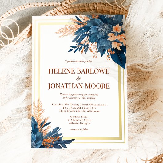 ネイビーブルーテラコッタ金ゴールドフローラエレガントウェディング 招待状