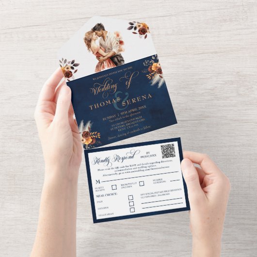 ネイビーブルーテラコッタQRコード結婚すべて オールインワン招待状 (貼ってはがせる)