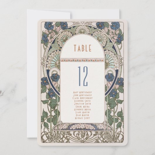 ネイビーブルーテーブル番号ヴィンテージ結婚アールヌーボー 招待状 (正面)