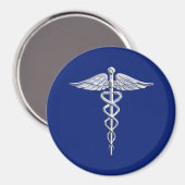 ネイビーブルーデコールのシルバーカドゥセウス医療シンボル マグネット (正面/裏面)