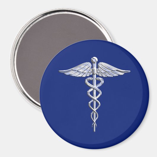 ネイビーブルーデコールのシルバーカドゥセウス医療シンボル マグネット (正面/裏面)