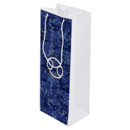 ネイビーブルーデジタルカモフラージュのがんサイン ワインギフトバッグ (正面アングル)