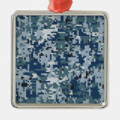 ネイビーブルーデジタルピクセルカモフラージデコール メタルオーナメント (正面)