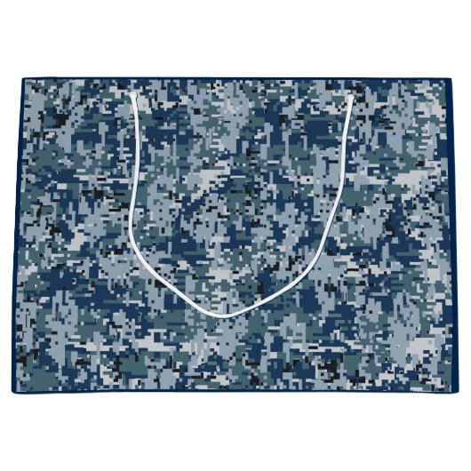 ネイビーブルーデジタルピクセルカモフラージデコール ラージペーパーバッグ (正面)
