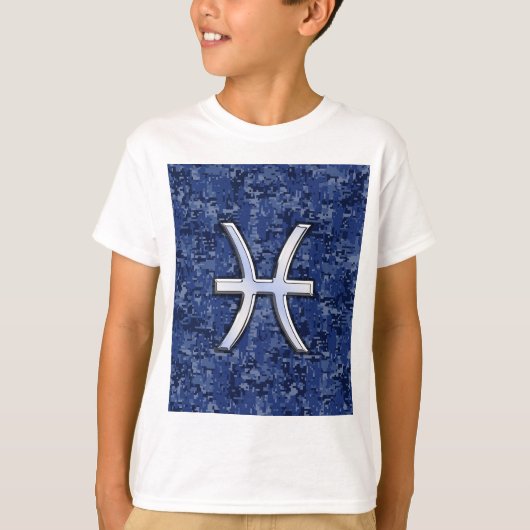 ネイビーブルーデジタル〔占星術の〕十二宮図上の魚座迷彩柄 Tシャツ (正面)