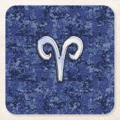 ネイビーブルーデジタル〔占星術の〕十二宮図上のAries迷彩柄 スクエアペーパーコースター (正面)