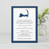 ネイビーブルーデニス岬コッド地図金ゴールド結婚ハート 招待状 (スタンド正面)