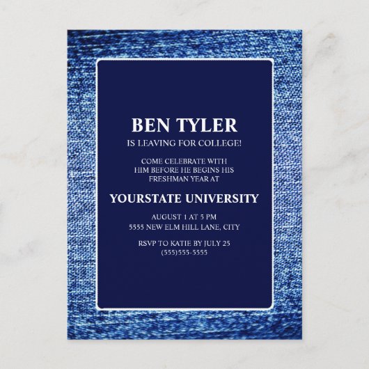 ネイビーブルーデニムカレッジトランクパーティー インビテーションポストカード (正面)