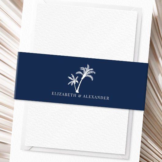 ネイビーブルートロピカルパームツリービーチ結婚式 招待状ベリーバンド