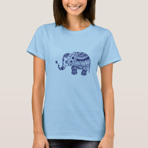 ネイビーブルートーンキュートフラワーエレファント Tシャツ