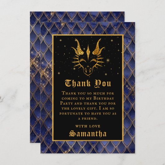 ネイビーブルードラゴンはかりで測金ゴールドフェイクグリッター誕生日 サンキューカード (正面/裏面)