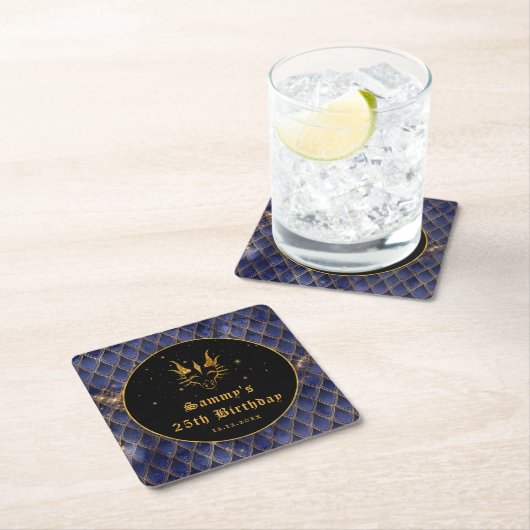ネイビーブルードラゴンはかりで測金ゴールドフェイクグリッター誕生日 スクエアペーパーコースター (インサイチュ)
