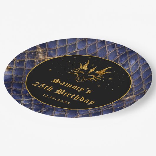 ネイビーブルードラゴンはかりで測金ゴールドフェイクグリッター誕生日 ペーパープレート (アングル)
