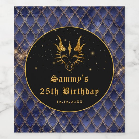 ネイビーブルードラゴンはかりで測金ゴールドフェイクグリッター誕生日 ワインラベル (シングルラベル)