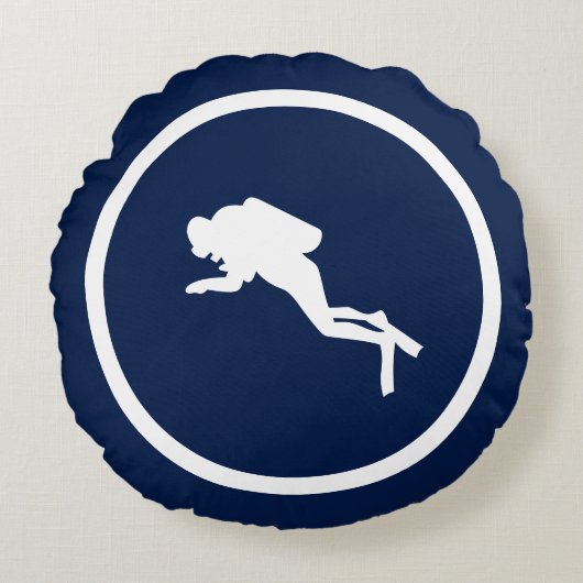 ネイビーブルードルフィンとスキューバダイバー航海の ラウンドクッション (正面)