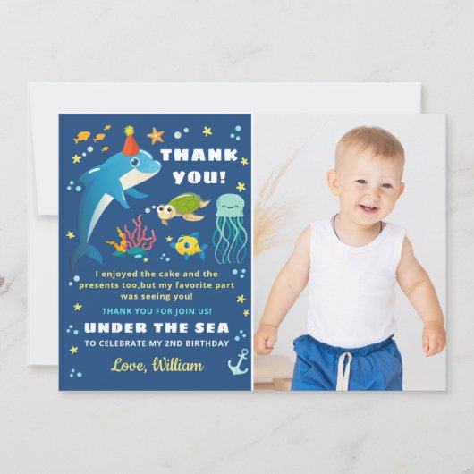 ネイビーブルードルフィンアンダーザシー誕生日写真 サンキューカード (正面)