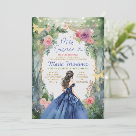 ネイビーブルードレスフォレスト金ゴールドバタフライミカンス 招待状 (スタンド正面)