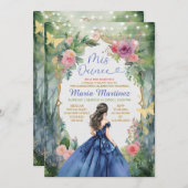 ネイビーブルードレスフォレスト金ゴールドバタフライミカンス 招待状 (正面/裏面)