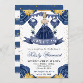 ネイビーブルードレスブロンドヘアプリンセススウィート16 招待状 (正面/裏面)