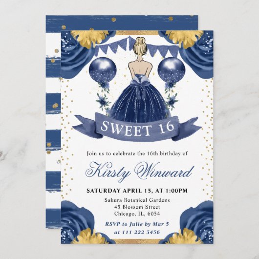 ネイビーブルードレスブロンドヘアプリンセススウィート16 招待状 (正面/裏面)