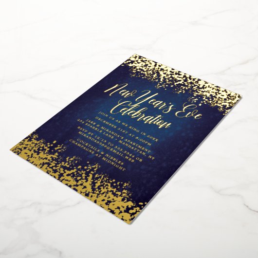 ネイビーブルーニューイヤーズイブパーティー金ゴールド紙吹雪 箔招待状 (回転した状態)