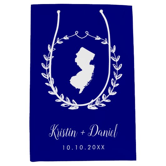 ネイビーブルーニュージャージーのマップ結婚のウェルカムスワッグ ミディアムペーパーバッグ (正面)