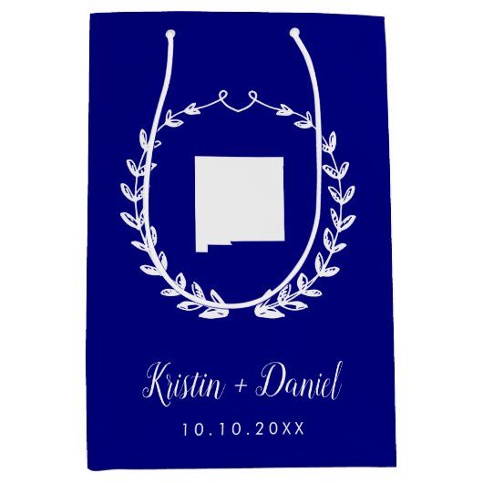 ネイビーブルーニューメキシコ結婚地図の歓迎スワッグ ミディアムペーパーバッグ (正面)