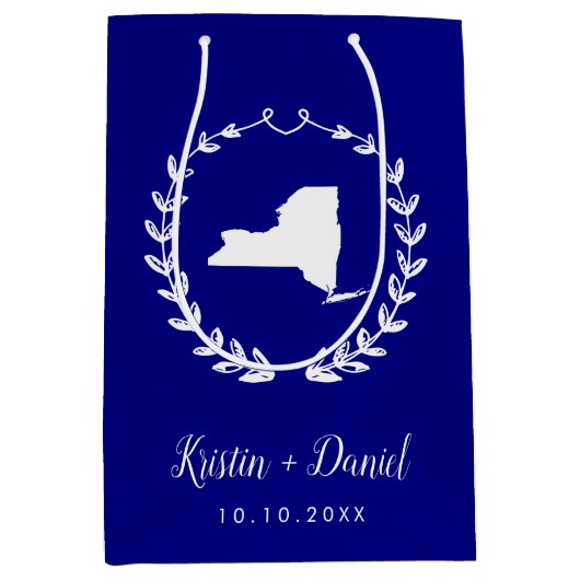 ネイビーブルーニューヨークの地図結婚の歓迎スワッグ ミディアムペーパーバッグ (正面)