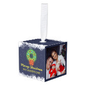 ネイビーブルーネオンスノーフレーククリスマスホリデー2写真 キューブオーナメント (正面アングル)