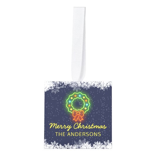 ネイビーブルーネオンスノーフレーククリスマスホリデー2写真 キューブオーナメント (正面)