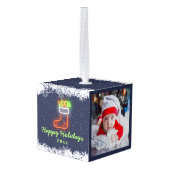 ネイビーブルーネオンスノーフレーククリスマスホリデー2写真 キューブオーナメント (裏面アングル)