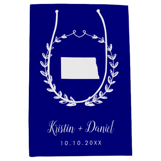 ネイビーブルーノースダコタの地図結婚の歓迎スワッグ ミディアムペーパーバッグ (正面)